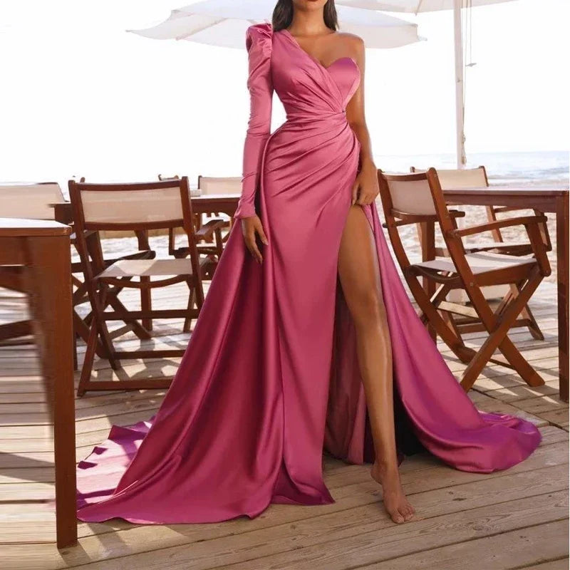 Wedding Party Dress One-shoulder Folds Split Fashion Long Dress Cocktail Elegant Tight-fitting Formal Dress Bridal Prom Vestidos Square Neckline Feminine Wedding Party Dress One-shoulder Folds Split Fashion Long Dress Cocktail Elegant Tight-fitting Formal Dress Bridal Prom Vestidos Square Neckline Feminine
