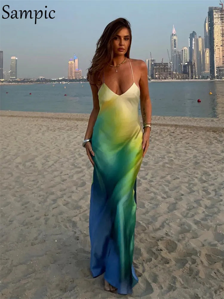 Sampic Satin Print Sexy Maxi Bodycon Beach Dress Summer Women Dye Tie Backless Elegant Party Dresses Holiday Outfits Boat Neckline Classic Sampic Satin Print Sexy Maxi Bodycon Beach Dress Summer Women Dye Tie Backless Elegant Party Dresses Holiday Outfits Boat Neckline Classic