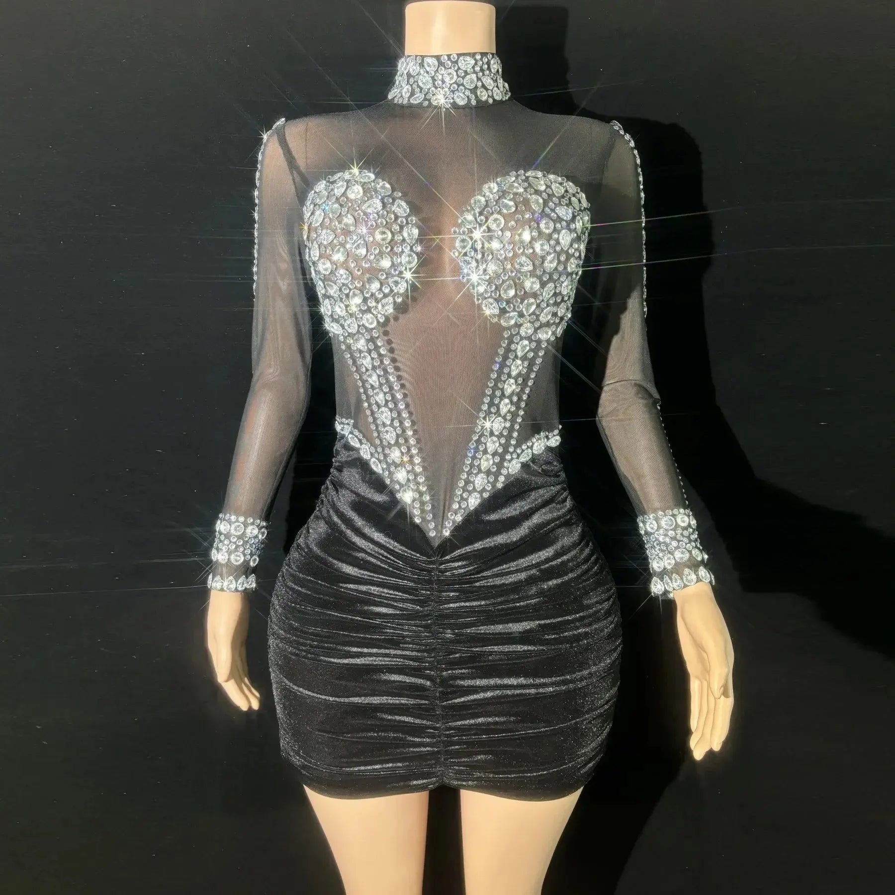 Black Velet Sexy See-Through Sheath Mini Dress Evening Party Dress Nightclub Bar Performance Custome Singers Dancer Stage Wear Lace Sexy Club