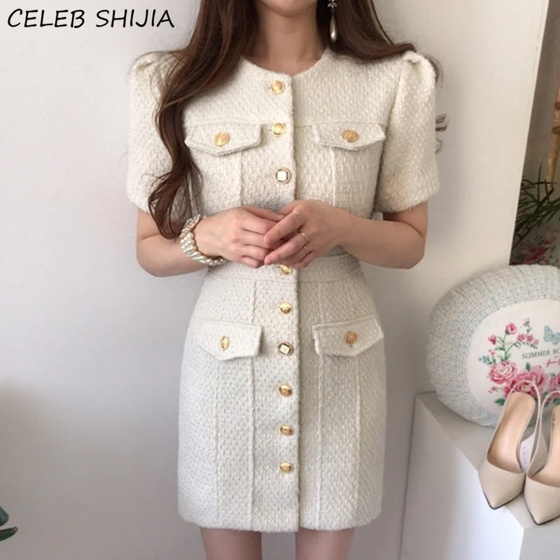 Beige Tweed Dress for Woman Single-breasted Pocket Short-sleeve Elegant Dress Vestido O-neck Vintage Party Dresses Fall Tunics Stylish elegant Beige Tweed Dress for Woman Single-breasted Pocket Short-sleeve Elegant Dress Vestido O-neck Vintage Party Dresses Fall Tunics Stylish elegant