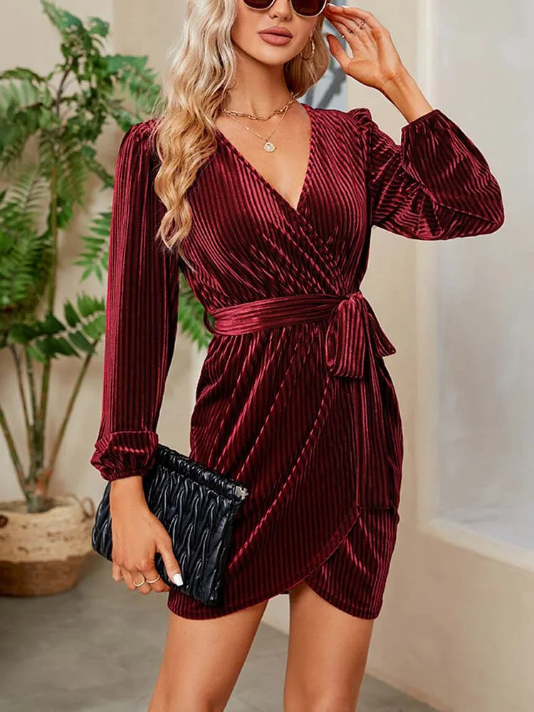 2023 Autumn Red Velvet Dress Women Long Sleeve V-neck Wrap Dress Mini Short Party Dresses for Women Tunics Trendy modern 2023 Autumn Red Velvet Dress Women Long Sleeve V-neck Wrap Dress Mini Short Party Dresses for Women Tunics Trendy modern