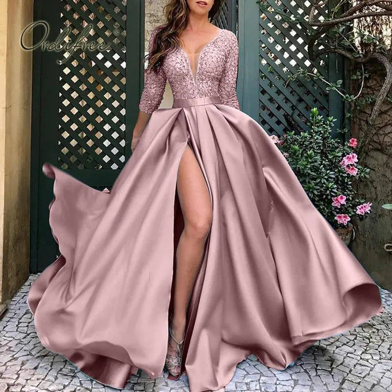 Evening Dress 2023 Length Long Party Dress Elegant Lady Lace Sequin Split Satin Sexy Maxi Evening Dress S-5XL Tunics Stylish modern Evening Dress 2023 Length Long Party Dress Elegant Lady Lace Sequin Split Satin Sexy Maxi Evening Dress S-5XL Tunics Stylish modern