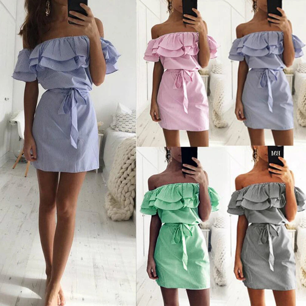 Off Shoulder Strapless Striped Ruffles Dress Women 2023 Summer Sundresses Beach Casual Shirt Short Mini Party Dresses Robe Femme Tunics Satin smooth Off Shoulder Strapless Striped Ruffles Dress Women 2023 Summer Sundresses Beach Casual Shirt Short Mini Party Dresses Robe Femme Tunics Satin smooth