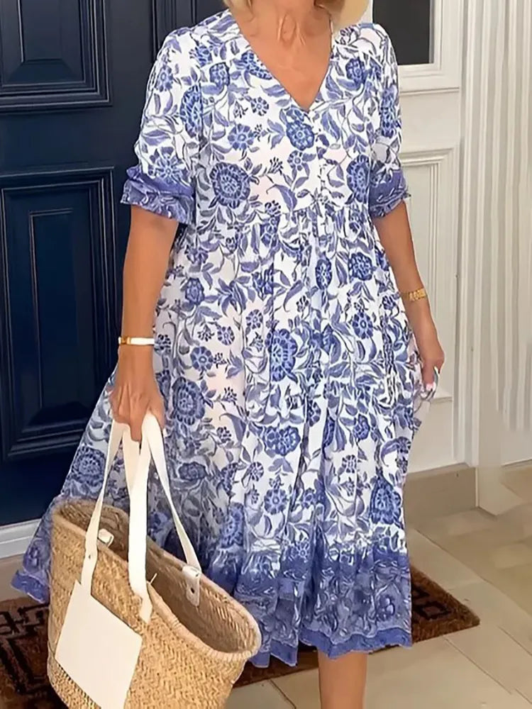 Women Floral Printed Boho Dress 2023 Summer Sexy V Neck Short Sleeve Long Dresses Female Fashion Pleated Loose Beach Party Dress Tunics Wedding white Women Floral Printed Boho Dress 2023 Summer Sexy V Neck Short Sleeve Long Dresses Female Fashion Pleated Loose Beach Party Dress Tunics Wedding white