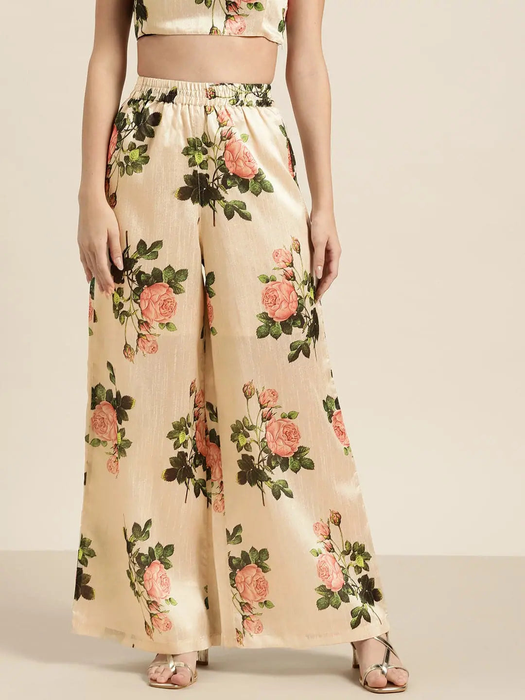 Beige Floral Polysilk Palazzo Pants Comfy Athletic Pants