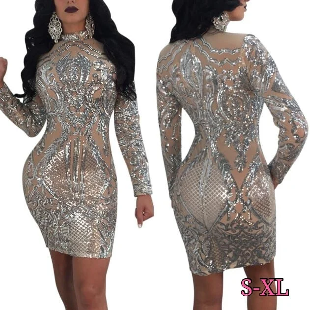 Silver Sparkly Bodycon Dress Long Sleeve Women Sequin Dress Transparent Winter Elegant Sexy Night Club Mesh Glitter Party Dress Off-the-shoulder Chic Trendy Silver Sparkly Bodycon Dress Long Sleeve Women Sequin Dress Transparent Winter Elegant Sexy Night Club Mesh Glitter Party Dress Off-the-shoulder Chic Trendy