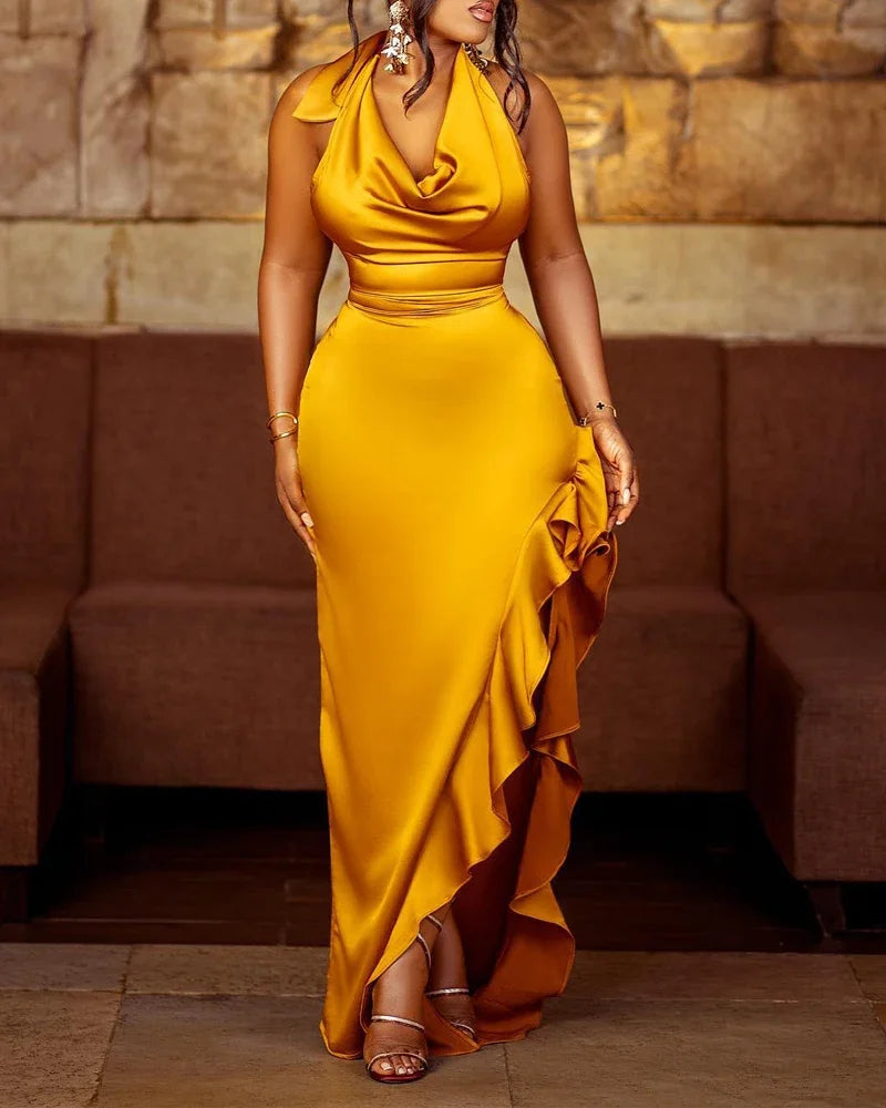 Fashion Women Halter Cowl Neck Ruffles Slit Backless Party Dress 2023 New Sexy Solid Color Midi Bodycon Dress High Waist Robes Tunics Prom sequined Fashion Women Halter Cowl Neck Ruffles Slit Backless Party Dress 2023 New Sexy Solid Color Midi Bodycon Dress High Waist Robes Tunics Prom sequined