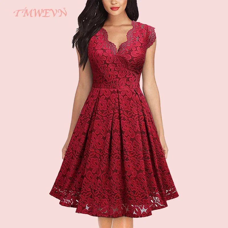 Summer Women Party Dress Vintage V Neck Sleeveless Dress Lace Elegant Ladies Dresses with High Quality Lace (Size S on Model) Tunics Bridal satin Summer Women Party Dress Vintage V Neck Sleeveless Dress Lace Elegant Ladies Dresses with High Quality Lace (Size S on Model) Tunics Bridal satin