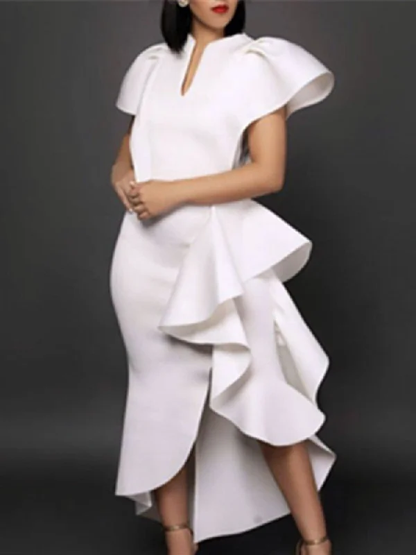 Stylish Occasion Women's White Party Dresses Irregular Ruffles Slit Contrast Sexy Vestido Date Out Night Celebrate Event Robes Tunics Essential wardrobe Stylish Occasion Women's White Party Dresses Irregular Ruffles Slit Contrast Sexy Vestido Date Out Night Celebrate Event Robes Tunics Essential wardrobe