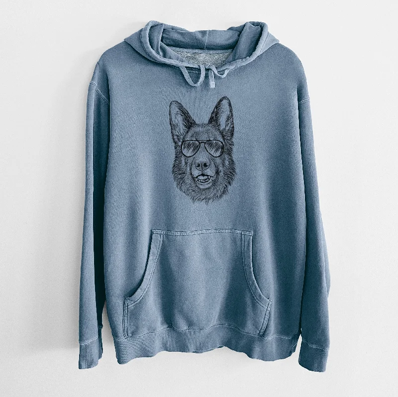 Aviator Sammie the German Shepherd - Unisex Pigment Dyed Hoodie Hoodie with Typography Text Message Aviator Sammie the German Shepherd - Unisex Pigment Dyed Hoodie Hoodie with Typography Text Message