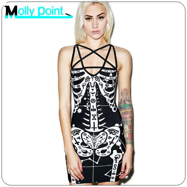 2016 Rock And Roll Dress Holloween  Bandage  Black Spaghetti Strap Rock Punk Dress Party Dresses Vestido Pencil Length Work