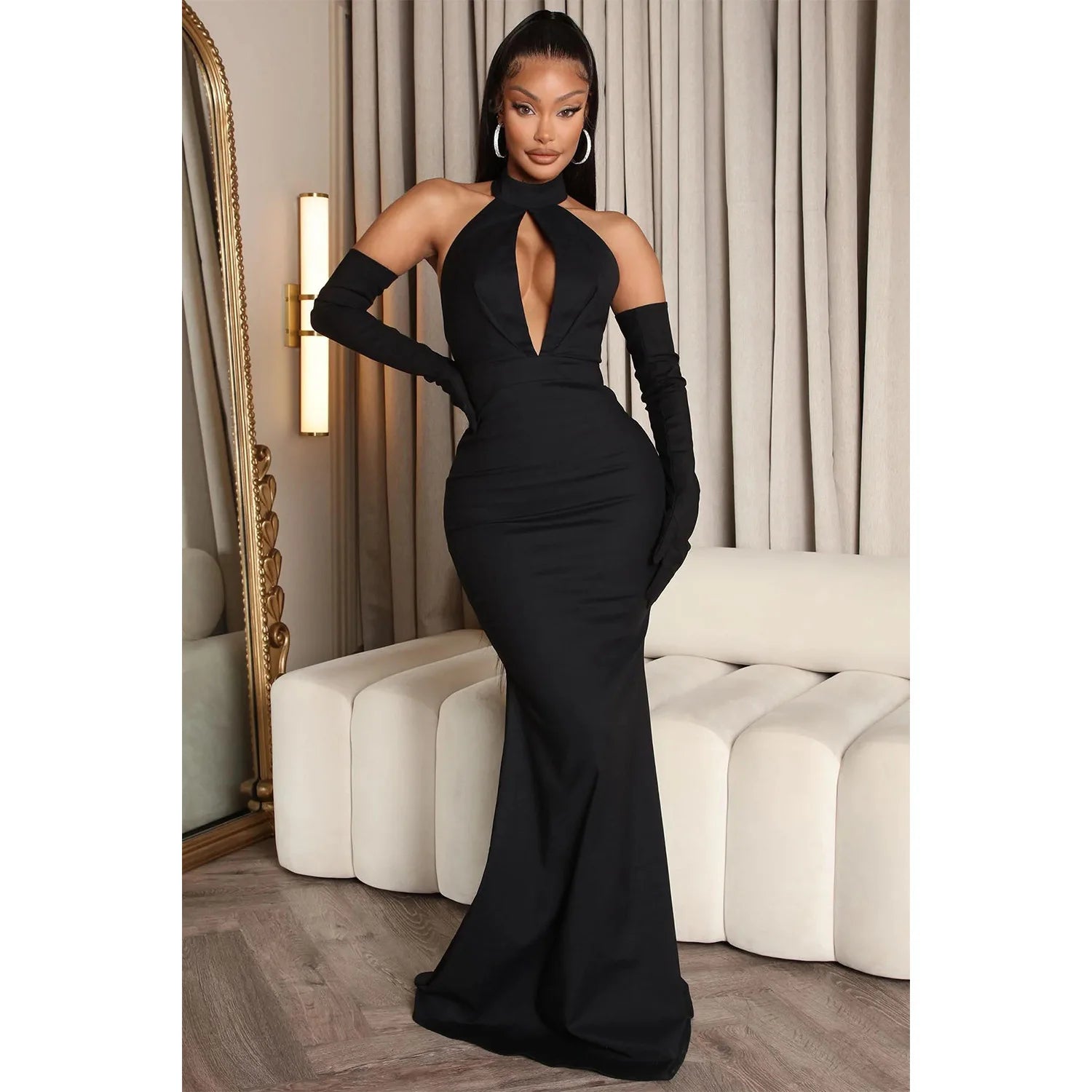 Backless Club Hollow Out Women Party Dresses Summer Sexy Bodycon Solid Color Split-cut Halter Dress With Glove Off-the-shoulder Bohemian Festive Backless Club Hollow Out Women Party Dresses Summer Sexy Bodycon Solid Color Split-cut Halter Dress With Glove Off-the-shoulder Bohemian Festive