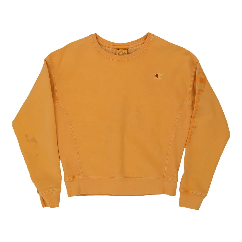 Champion Sweatshirt - Small Orange Cotton Blend Hoodie with Front Slit Layering Stylish Champion Sweatshirt - Small Orange Cotton Blend Hoodie with Front Slit Layering Stylish