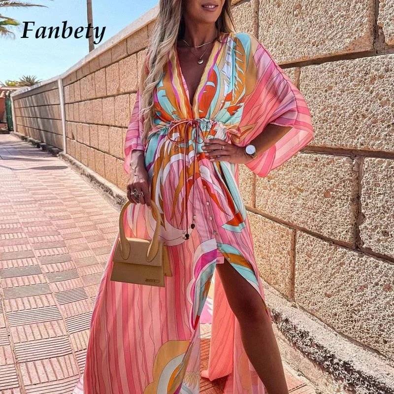 Elegant Deep V Neck Printing Hem Maxi Dresses Women Casual Button Elastic Waist Long Party Dress Summer Loose Slit Beach Dress Tunics Floral girly Elegant Deep V Neck Printing Hem Maxi Dresses Women Casual Button Elastic Waist Long Party Dress Summer Loose Slit Beach Dress Tunics Floral girly