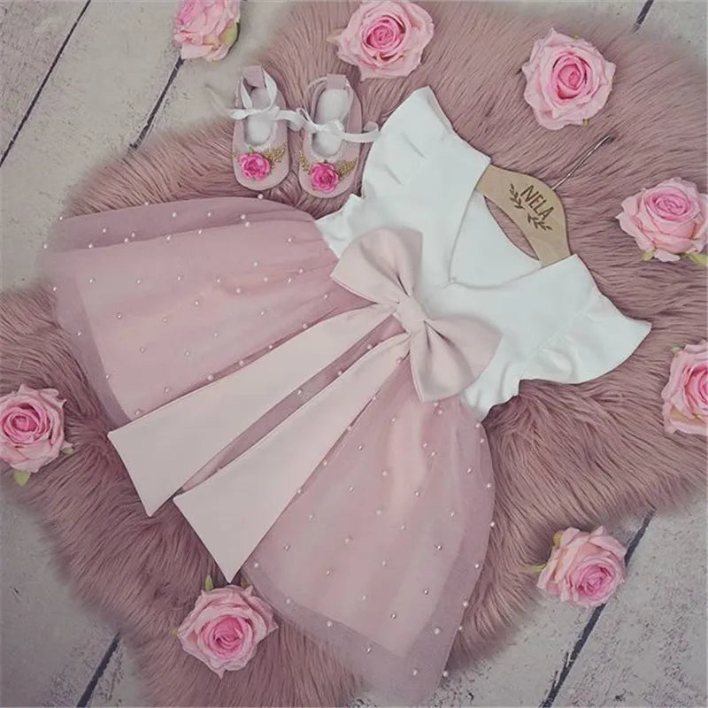 Princess Girl Dress Ruffles Sleeve Solid Pearl Lace Patchwork Back Bowknot Tutu Dress Pageant Wedding Ball Gown Party Dresses Tunics Short Trendy Princess Girl Dress Ruffles Sleeve Solid Pearl Lace Patchwork Back Bowknot Tutu Dress Pageant Wedding Ball Gown Party Dresses Tunics Short Trendy