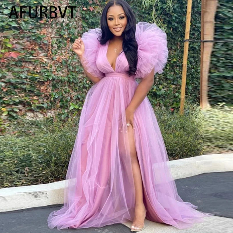 Cute Pink White Ruffles Tulle Ball Gowns for To Birthday Long Party Dresses Sexy Deep V Neck Puff Sleeve Maxi Dress Tunics Versatile functional Cute Pink White Ruffles Tulle Ball Gowns for To Birthday Long Party Dresses Sexy Deep V Neck Puff Sleeve Maxi Dress Tunics Versatile functional