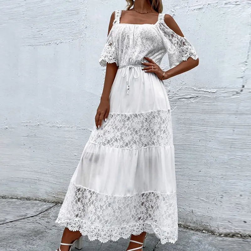 Elegant Retro White Lace Jacquard Women Dress Office Ladies Temperament Off Shoulder Maxi Dresses 2023 Long Evening Party Dress Satin Halter Glamorous Elegant Retro White Lace Jacquard Women Dress Office Ladies Temperament Off Shoulder Maxi Dresses 2023 Long Evening Party Dress Satin Halter Glamorous