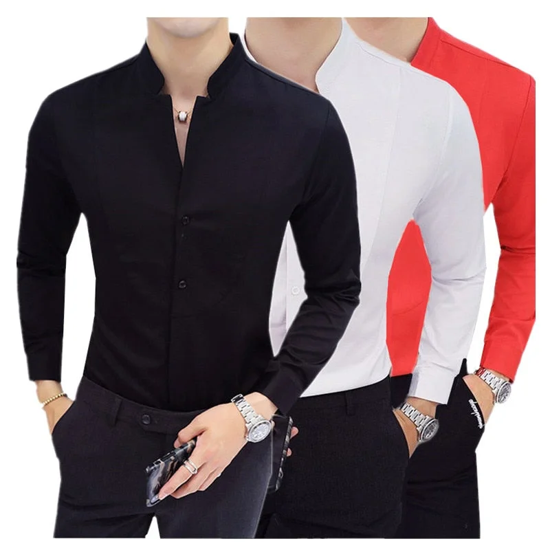 New Men Business Shirts Black/White Fashion Elegant Male Stand Collar Long Sleeve Tops Homme Wedding Party Dresses Tunics stripes playful New Men Business Shirts Black/White Fashion Elegant Male Stand Collar Long Sleeve Tops Homme Wedding Party Dresses Tunics stripes playful
