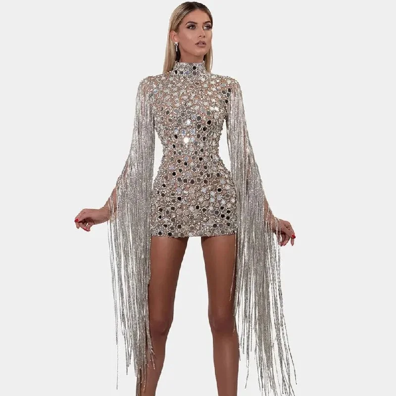 Sparkly Sequined Crystals Tassel Sleeve Short Dress Women Birthday Celebrate Party Dress Mesh Transparent Sexy Stage Show Wear Tunics Custom made Sparkly Sequined Crystals Tassel Sleeve Short Dress Women Birthday Celebrate Party Dress Mesh Transparent Sexy Stage Show Wear Tunics Custom made