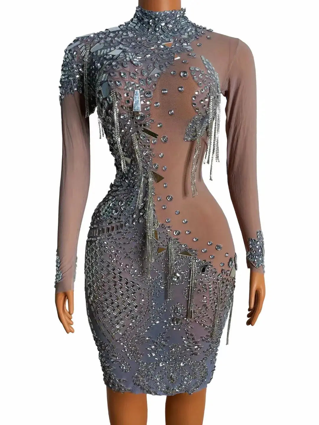 Bar Nightclub Party Dress Stage Performance Fashion Mesh Sexy Perspective Shiny Rhinestone Lenses Diamond Chain Dress Glittery Long Formal