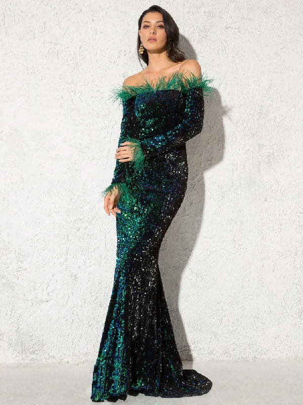 Burgundy Shiny Sequin Feather Velvet Party Dress Long Sleeve Bodycon Stretchy Slash Neck Floor Length Mermaid Dress Black Green Tunics Running lightweight Burgundy Shiny Sequin Feather Velvet Party Dress Long Sleeve Bodycon Stretchy Slash Neck Floor Length Mermaid Dress Black Green Tunics Running lightweight