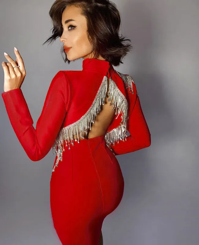 High Quality Red Black Sexy Fashion Sparkly Backless Diamonds Tassel Rayon Bandage Dress Cocktail Party Dress Vestidos Boat Neckline Classic High Quality Red Black Sexy Fashion Sparkly Backless Diamonds Tassel Rayon Bandage Dress Cocktail Party Dress Vestidos Boat Neckline Classic