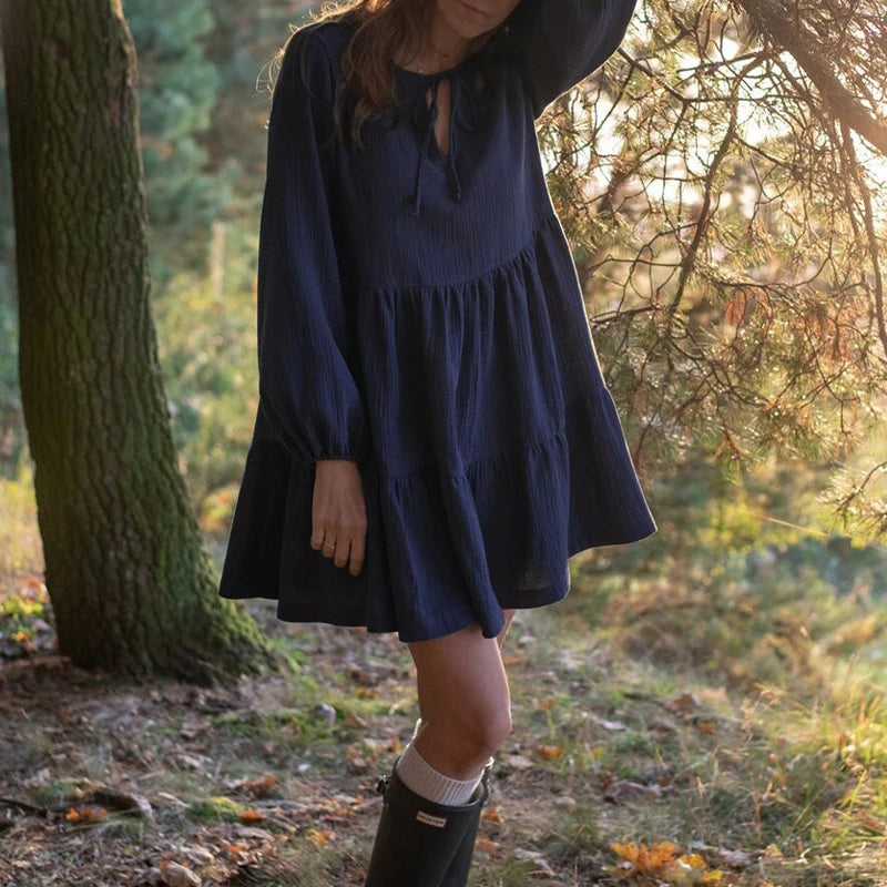 2022 Spring 100% Cotton Elegant Dresses For Women Sexy V-Neck Latern Long Sleeve Lace Up Ruffles Holiday Beach Party Dress Tunics Denim casual 2022 Spring 100% Cotton Elegant Dresses For Women Sexy V-Neck Latern Long Sleeve Lace Up Ruffles Holiday Beach Party Dress Tunics Denim casual