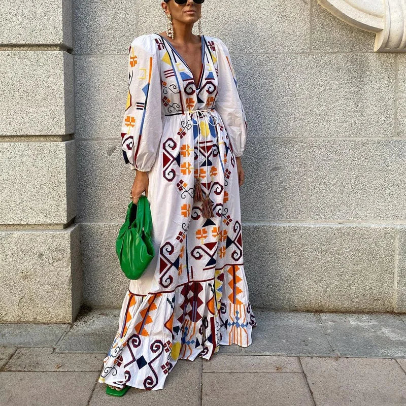Elegant Lantern Sleeve Lady Ruffle Maxi Dress Sexy V Neck Lace-up Tassel Beach Dress Fashion Retro Print Women Long Party Dress Chiffon Maxi Beach Elegant Lantern Sleeve Lady Ruffle Maxi Dress Sexy V Neck Lace-up Tassel Beach Dress Fashion Retro Print Women Long Party Dress Chiffon Maxi Beach