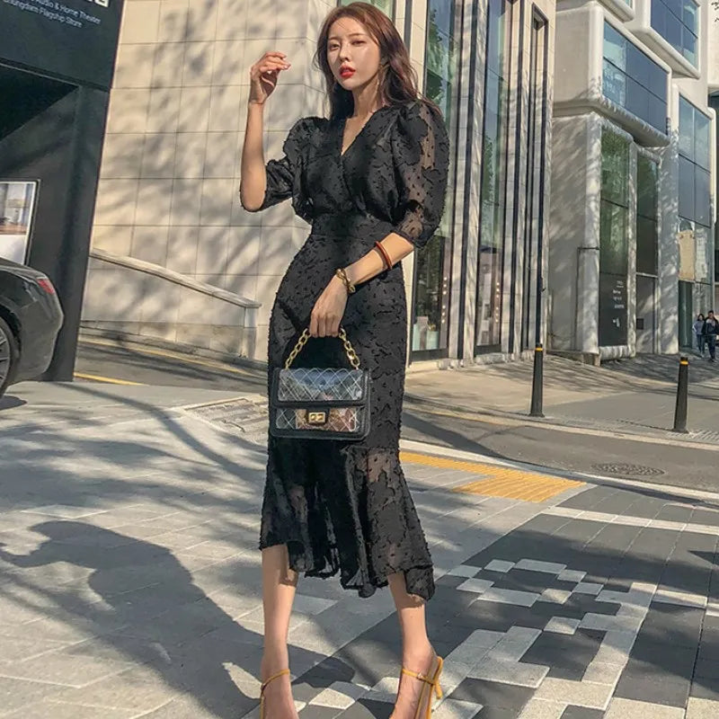 Korea Women Party Dress 2023 Spring fashion Office OL chiffon Half Sleeve Ruffles Bodycon Mermaid Midi Dress sweetheart Neckline Romantic Korea Women Party Dress 2023 Spring fashion Office OL chiffon Half Sleeve Ruffles Bodycon Mermaid Midi Dress sweetheart Neckline Romantic