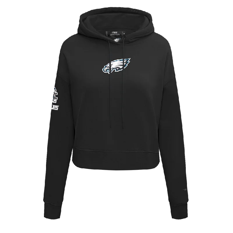 NFL PHILADELPHIA EAGLES CLASSIC WOMEN'S FLEECE CROPPED PULLOVER HOODIE (BLACK) Box Sleeve Comfort NFL PHILADELPHIA EAGLES CLASSIC WOMEN'S FLEECE CROPPED PULLOVER HOODIE (BLACK) Box Sleeve Comfort