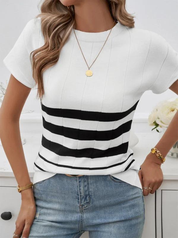 Blue Zone Planet | Spring and Summer Temperament Slim Striped Sweater Mesh Blend Leather Blend Suede Blend Blue Zone Planet | Spring and Summer Temperament Slim Striped Sweater Mesh Blend Leather Blend Suede Blend