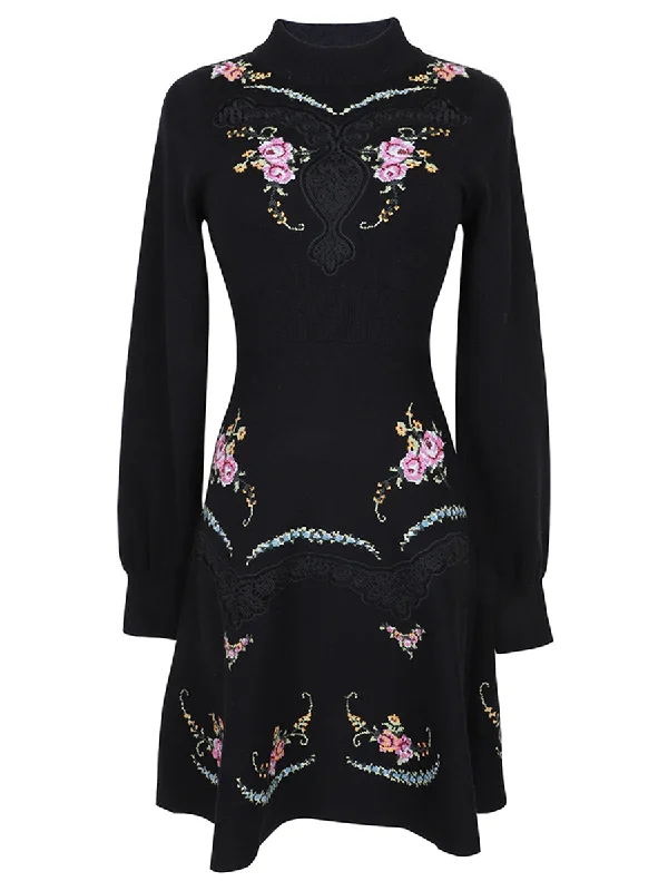 Half High Collar Printed Lantern Sleeves Dress