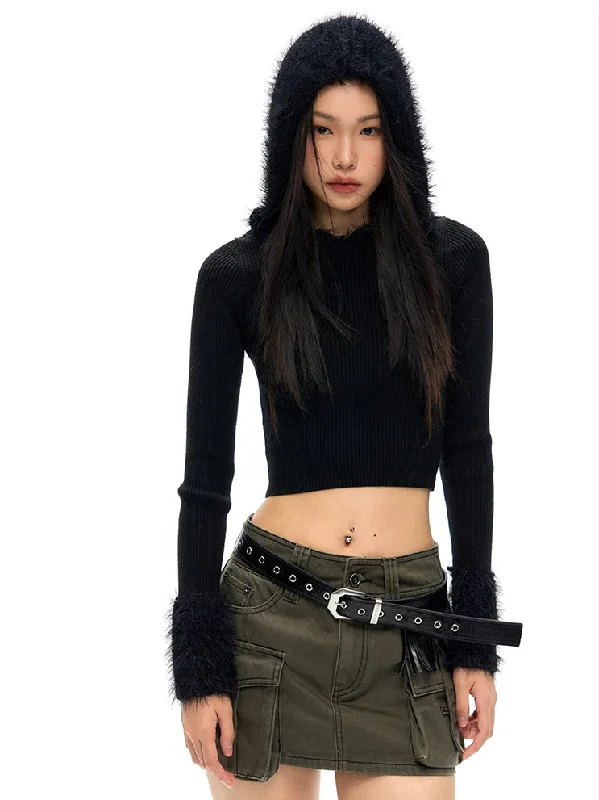 Fur Stitch Slim Fit Hooded Sweater Print Jacquard Patchwork