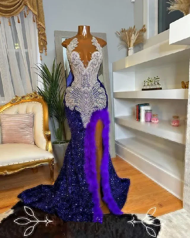 American Girl in Royal Purple Evening Formal Dress for Women Silver Diamond Velvet Long Slit Mermaid Prom Queen Gown Feather American Girl in Royal Purple Evening Formal Dress for Women Silver Diamond Velvet Long Slit Mermaid Prom Queen Gown Feather