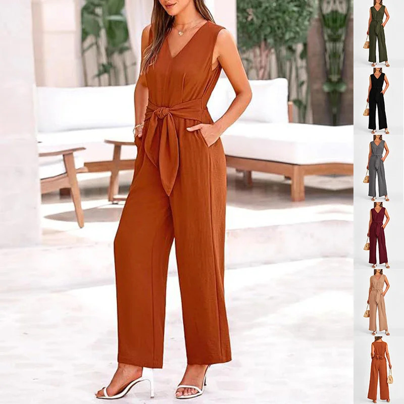 New V-neck Sleeveless Long Jumpsuit With Pockets And Lace-up Design Wide-leg Straight Trousers Summer Womens Clothing Trousers Solid Black New V-neck Sleeveless Long Jumpsuit With Pockets And Lace-up Design Wide-leg Straight Trousers Summer Womens Clothing Trousers Solid Black