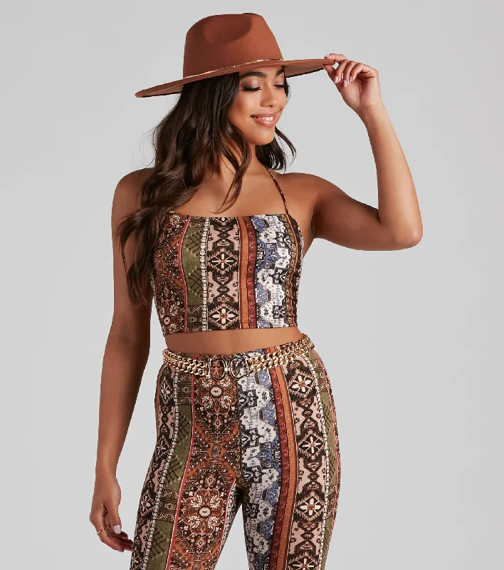 Boho Dreamer Printed Crop Top Chenille Brocade Lace