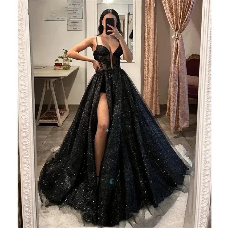 Sweetheart Black Prom Dresses Straps Appliques Glitter Party Evening Gowns Split Formal Red Carpet Long Special Occasion Dress Sweetheart Black Prom Dresses Straps Appliques Glitter Party Evening Gowns Split Formal Red Carpet Long Special Occasion Dress
