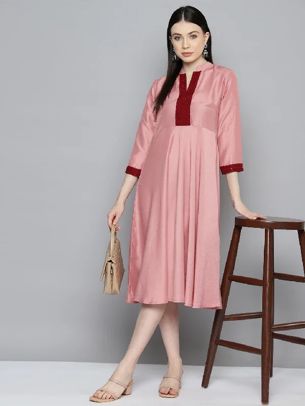 Jompers Women's Sequin work, flared ethnic dress - Peach