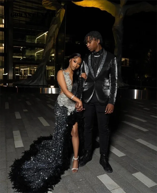 Black Velvet Sequin Feathers Train Rhinestone Prom Dress Black Girl African Mermaid Elegant Dress For Wedding Party Sexy Black Velvet Sequin Feathers Train Rhinestone Prom Dress Black Girl African Mermaid Elegant Dress For Wedding Party Sexy