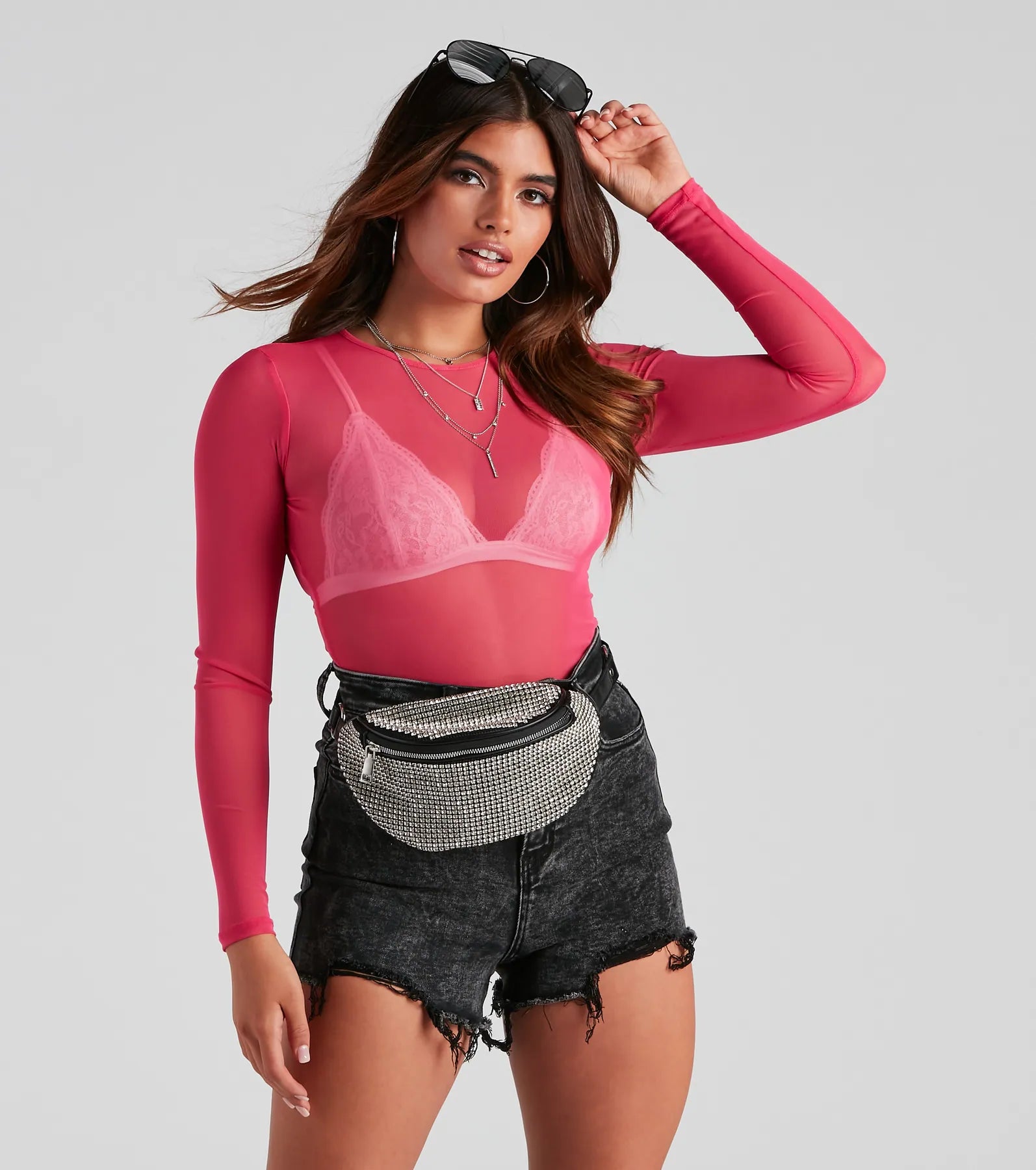 Mesh It Up Long Sleeve Crop Top Iron Safe Non-Iron Wrinkle Free