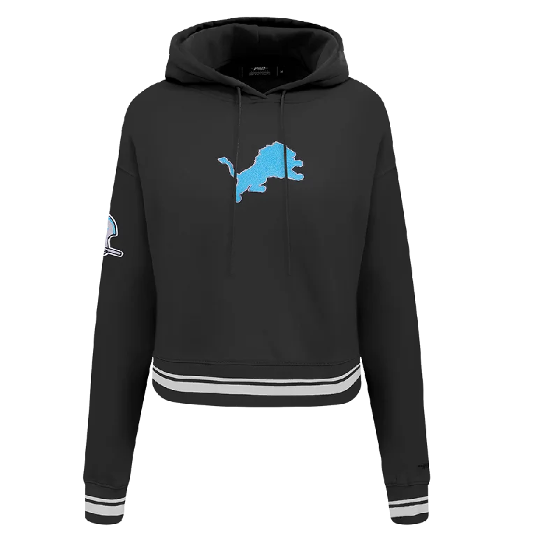 NFL DETROIT LIONS RETRO CLASSIC WOMEN'S RIB CROPPED FLEECE PULLOVER HOODIE (BLACK) Over Sleeve Pullover NFL DETROIT LIONS RETRO CLASSIC WOMEN'S RIB CROPPED FLEECE PULLOVER HOODIE (BLACK) Over Sleeve Pullover