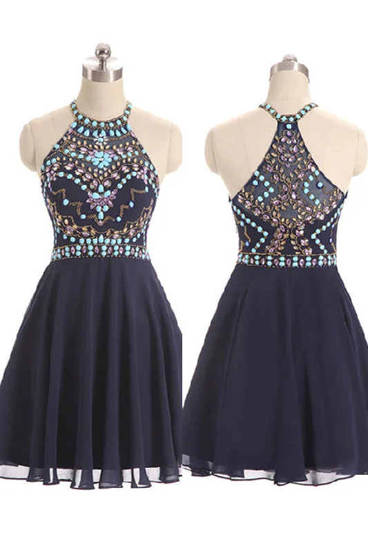 Rhinestone Fashion Navy Blue Chiffon Short Prom Dress Homecoming Dresses Party Gowns Rhinestone Fashion Navy Blue Chiffon Short Prom Dress Homecoming Dresses Party Gowns