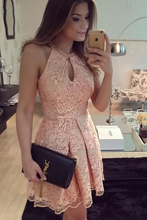 Halter Charming Skin Pink Lace Mini Length Prom Dress Homecoming Dresses Party Gowns Halter Charming Skin Pink Lace Mini Length Prom Dress Homecoming Dresses Party Gowns
