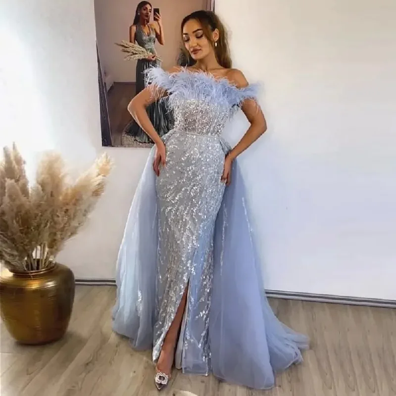 Charming Lavender Shimmery Lace Long Prom Dresses With Detachable Train Feather Neckline Dubai Formal Party Maxi Gowns Charming Lavender Shimmery Lace Long Prom Dresses With Detachable Train Feather Neckline Dubai Formal Party Maxi Gowns