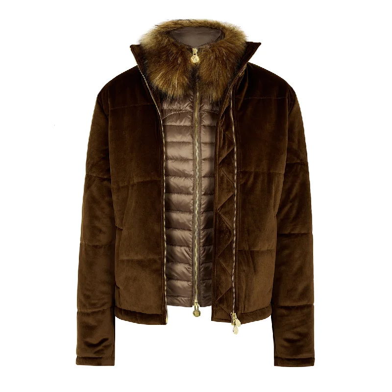 Ella Velvet Puffer Jacket - Brown Plaid Jacket Tartan Jacket Houndstooth Jacket