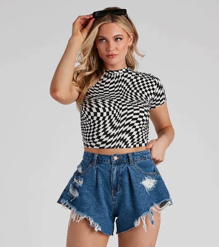 Optical Illusion Checkered Crop Top Layered Multi-layer Single Layer