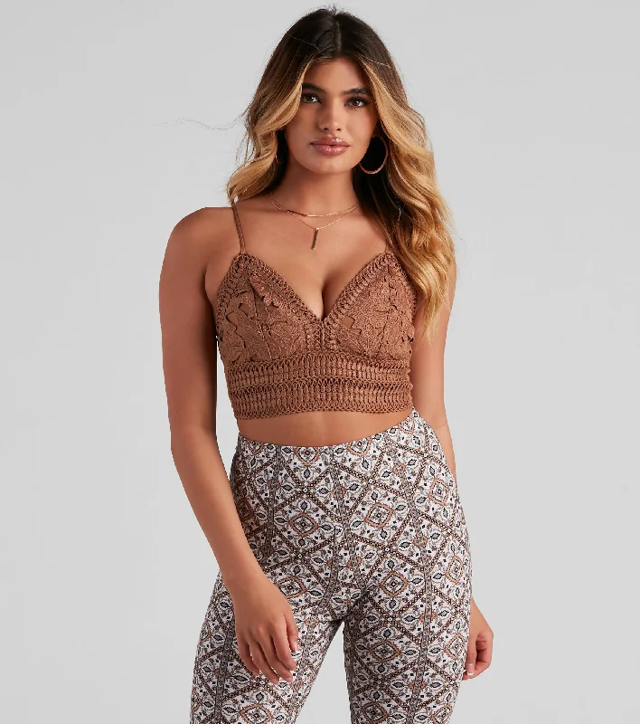 Boho Bliss Crochet Lace Crop Top Fleece Nylon Spandex