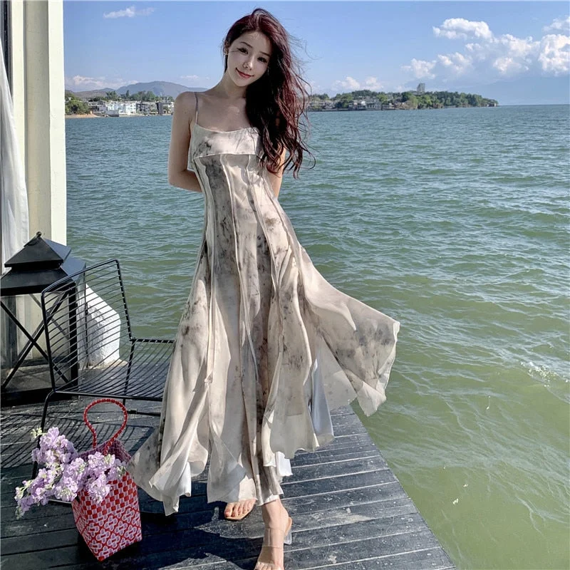 Summer Ink Painting Maxi Slip Dress Women Long Elegant Chinese Slim Flowy Formal Dresses for Wedding Guest Birthday Prom Summer Ink Painting Maxi Slip Dress Women Long Elegant Chinese Slim Flowy Formal Dresses for Wedding Guest Birthday Prom