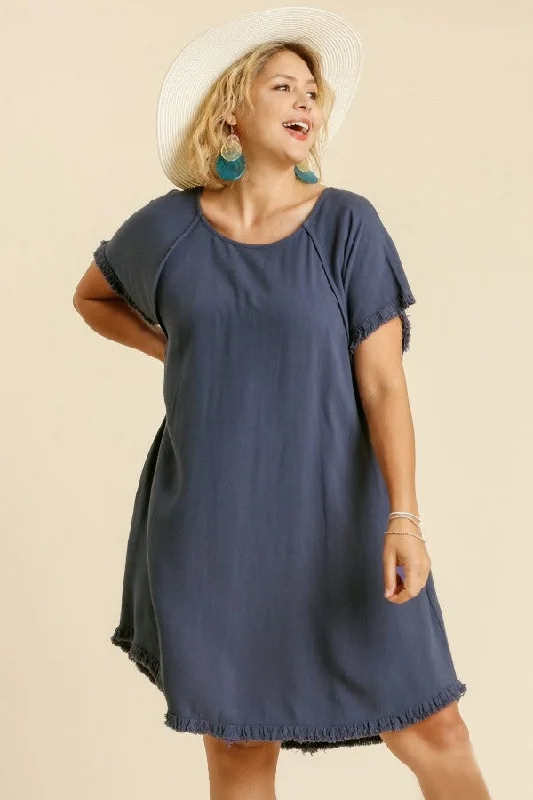 Umgee High Low Linen Blend Dress with Frayed Details in Denim Blue