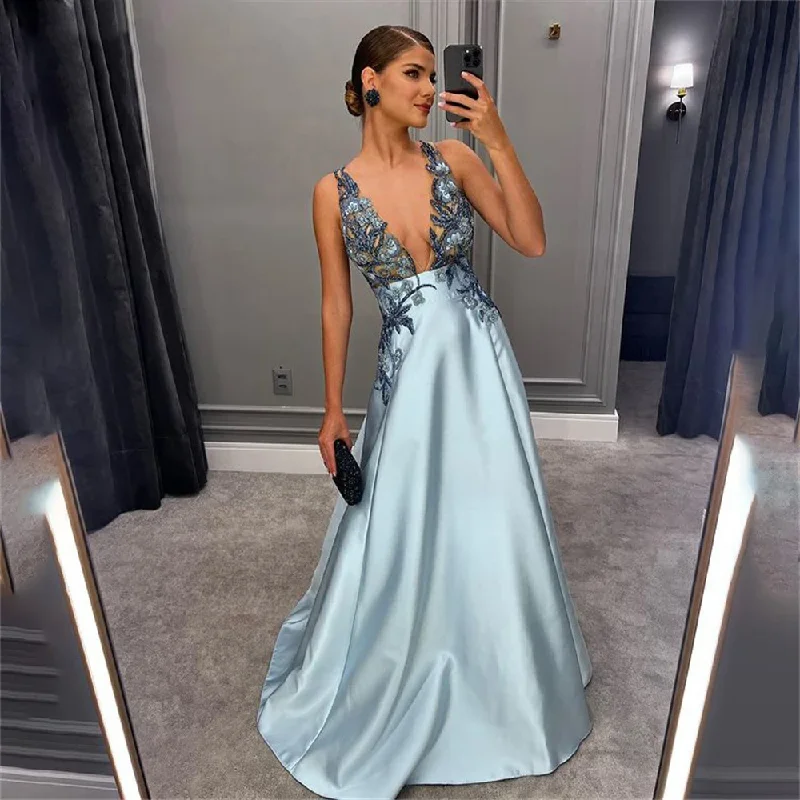 Bright Satin V-Neck Evening Dresses For Women Sexy Lace Printed Embroidery Party Prom Gowns Formal Long Party Vestidos De Noches Bright Satin V-Neck Evening Dresses For Women Sexy Lace Printed Embroidery Party Prom Gowns Formal Long Party Vestidos De Noches